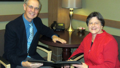 Fred Feichter (left), acting chairman of the Wyandot Memorial Hospital Board of Governors, recently reviewed board bylaws and hospital policies and goals with new board member Roberta Sigler. Sigler was appointed to the Board of Governors by the Joint Township Hospital District Board of Trustees to represent Crane Township.